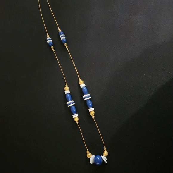 Vintage Style Long Beaded Necklace in Blue White Gold Made in Korea - Picture 3 of 8